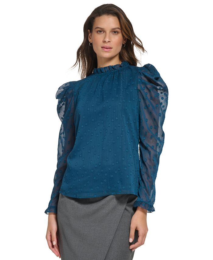 DKNY Women's Ruffled Jacquard Puff Long Sleeve Blouse Blue Size Medium