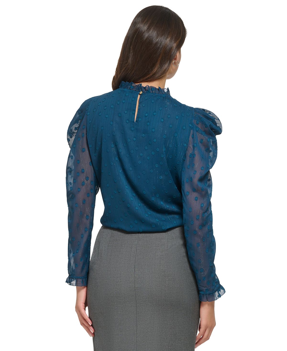 DKNY Women's Ruffled Jacquard Puff Long Sleeve Blouse Blue Size Medium