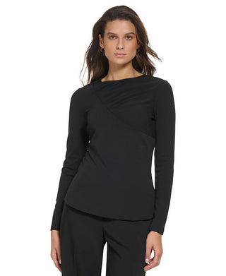 DKNY Women's Draped Crewneck Long Sleeve Knit Top Black Size Small