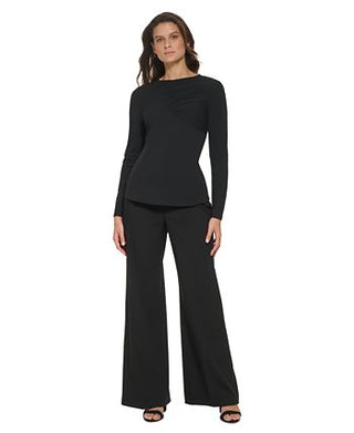 DKNY Women's Draped Crewneck Long Sleeve Knit Top Black Size Small