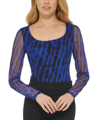 DKNY Women's Snake Print Mesh Bodysuit Blue Size X-Large