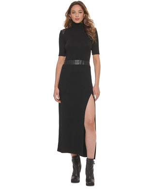 DKNY Women's Faux Leather TrimMock Neck Maxi Dress Black Size Large