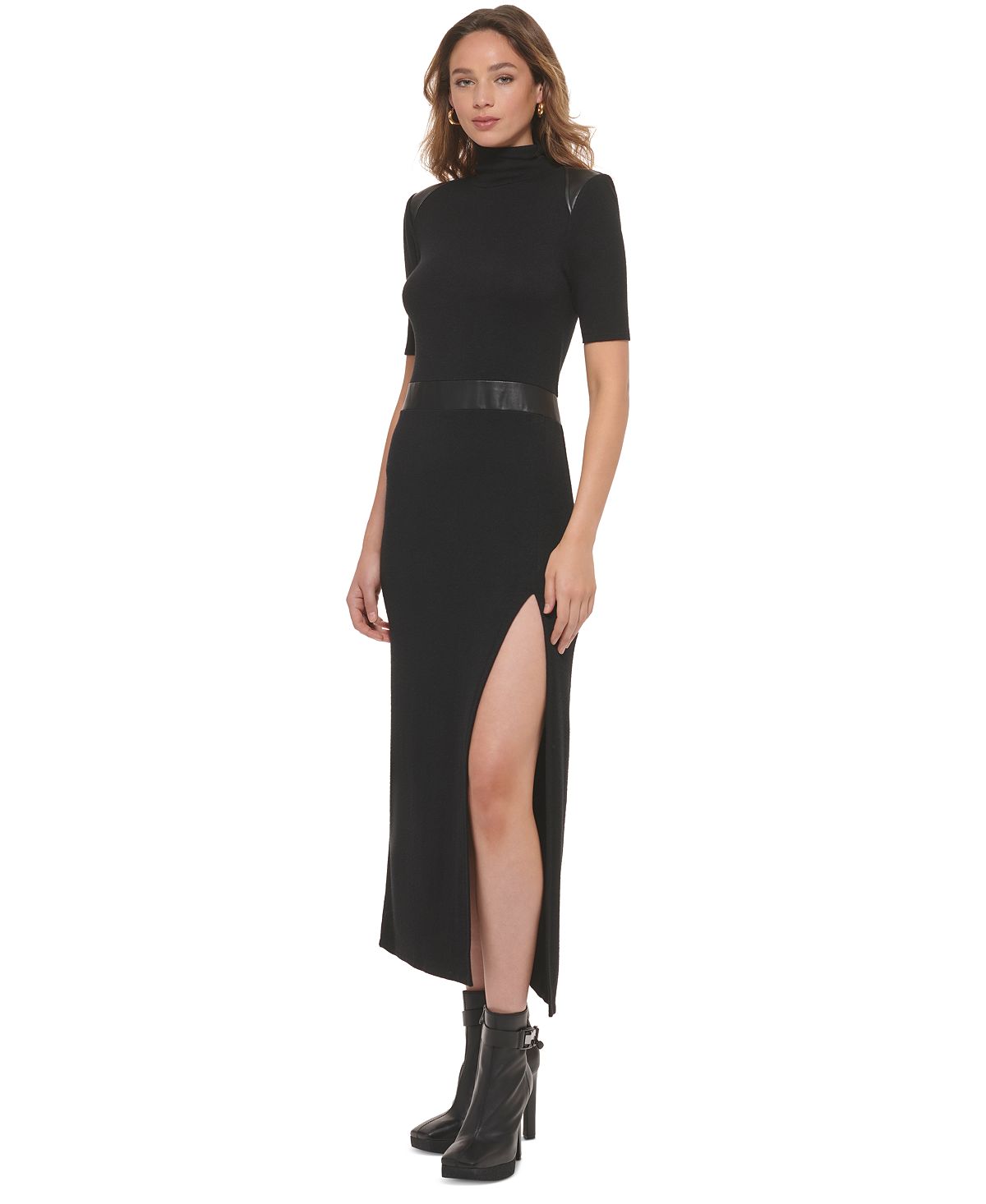 DKNY Women's Faux Leather TrimMock Neck Maxi Dress Black Size Large