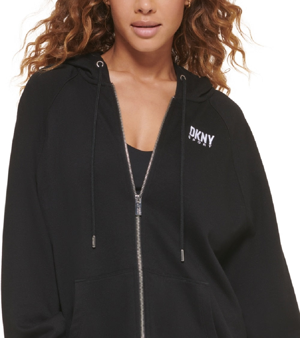 DKNY Women's Oversized Cotton Zip Up Hoodie Black Size Large