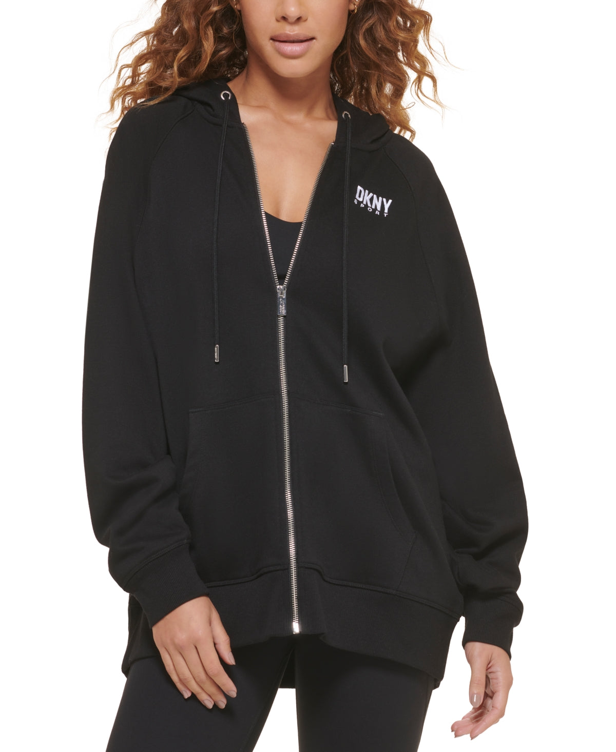 DKNY Women's Oversized Cotton Zip Up Hoodie Black Size Large