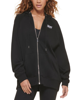 DKNY Women's Oversized Cotton Zip Up Hoodie Black Size Large