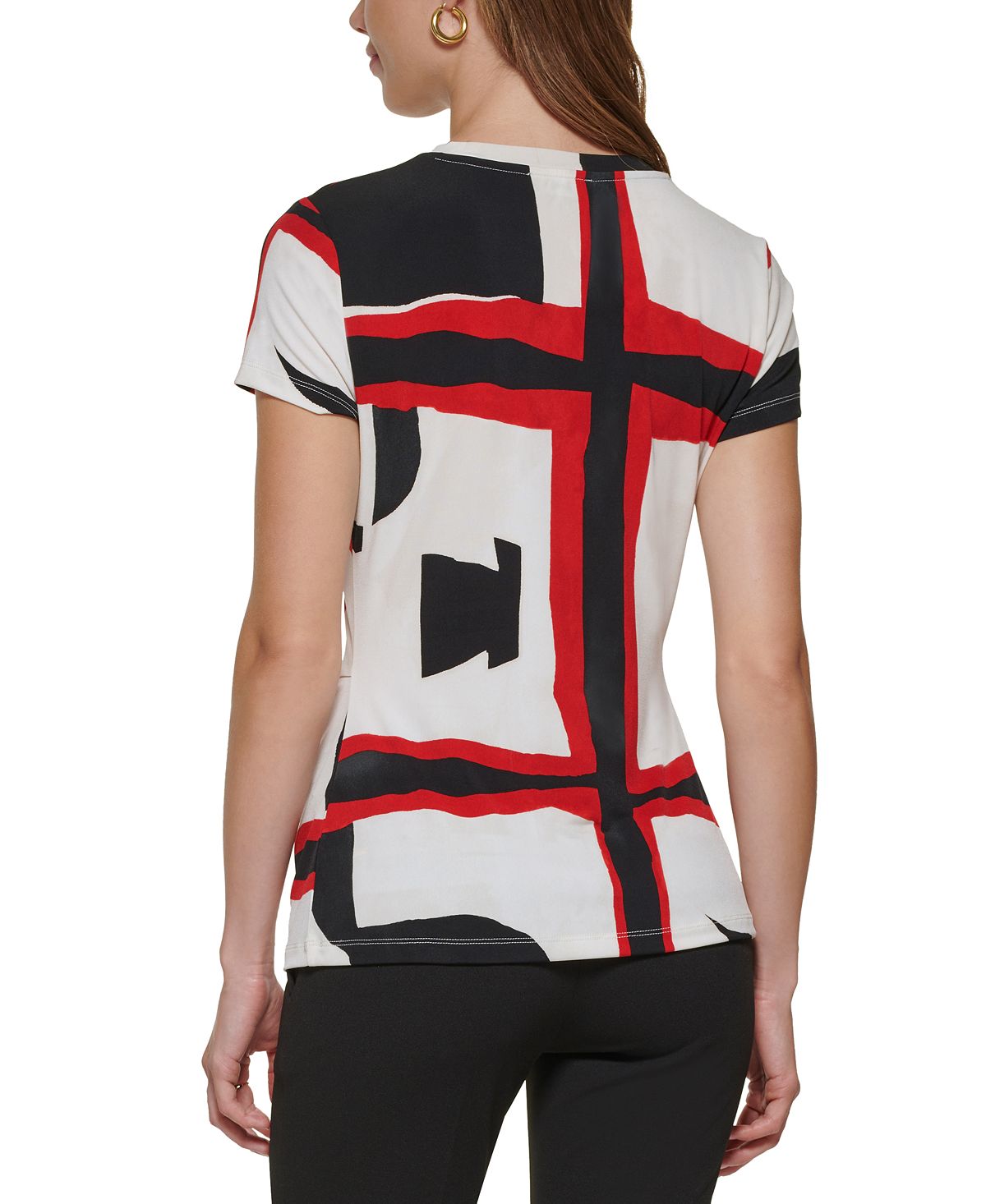 DKNY Women's Printed Side Knot Short Sleeve Knit Top Red Size Petite Small