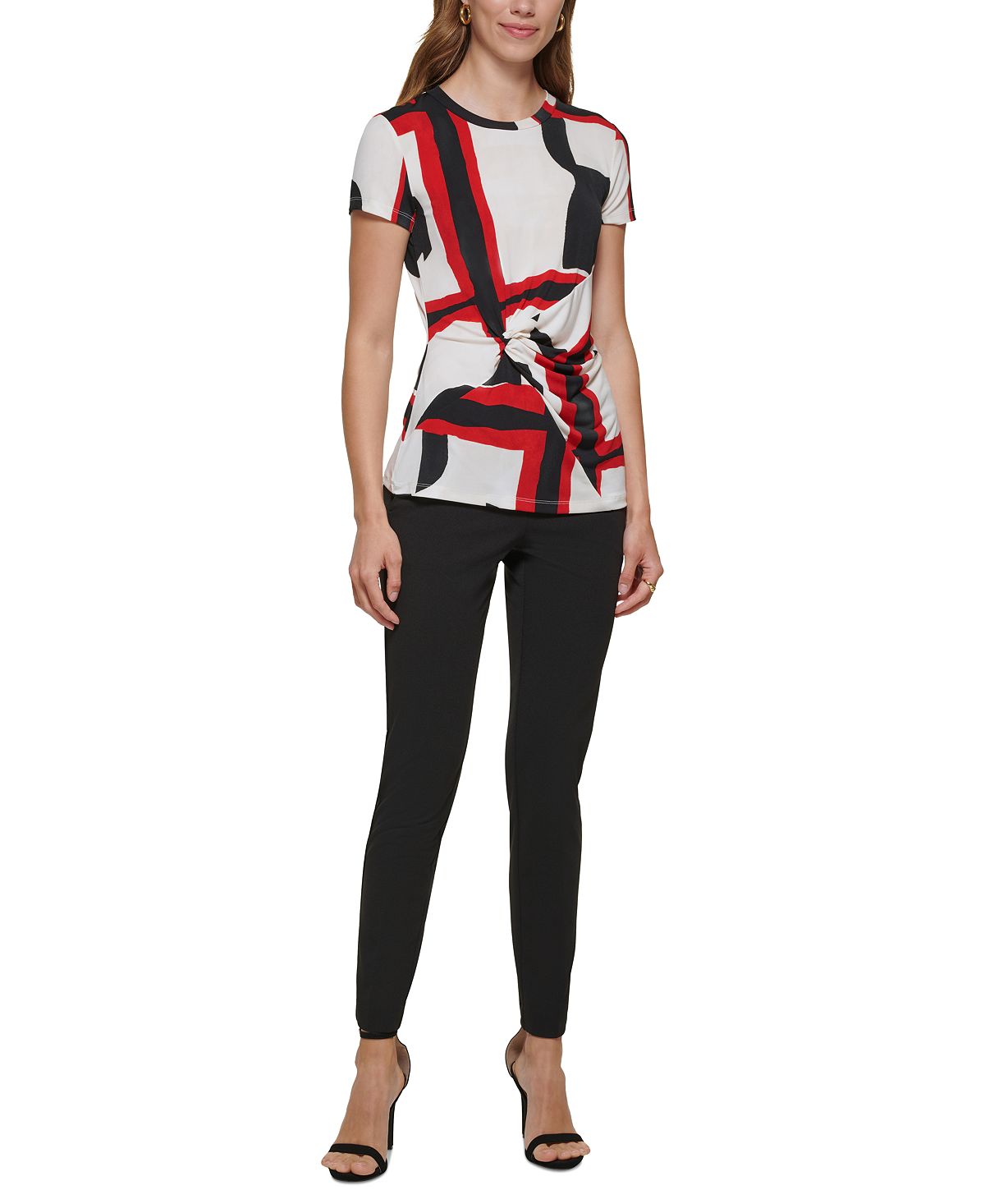 DKNY Women's Printed Side Knot Short Sleeve Knit Top Red Size Petite Small