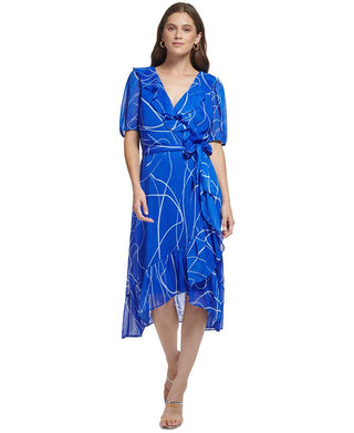 DKNY Women's Printed Metallic Puff Sleeve Faux Wrap Dress Blue Size 14