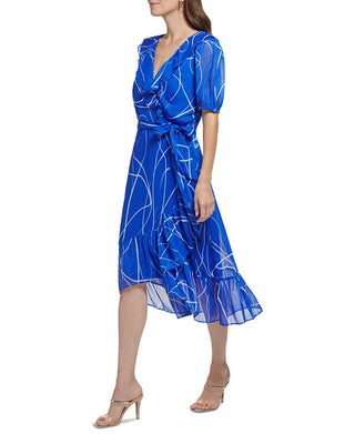 DKNY Women's Printed Metallic Puff Sleeve Faux Wrap Dress Blue Size 14