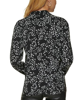 DKNY Women's Star Print Button Front High Low Top Black Size Medium