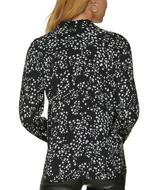 DKNY Women's Star Print Button Front High Low Top Black Size Medium