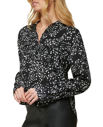 DKNY Women's Star Print Button Front High Low Top Black Size Medium