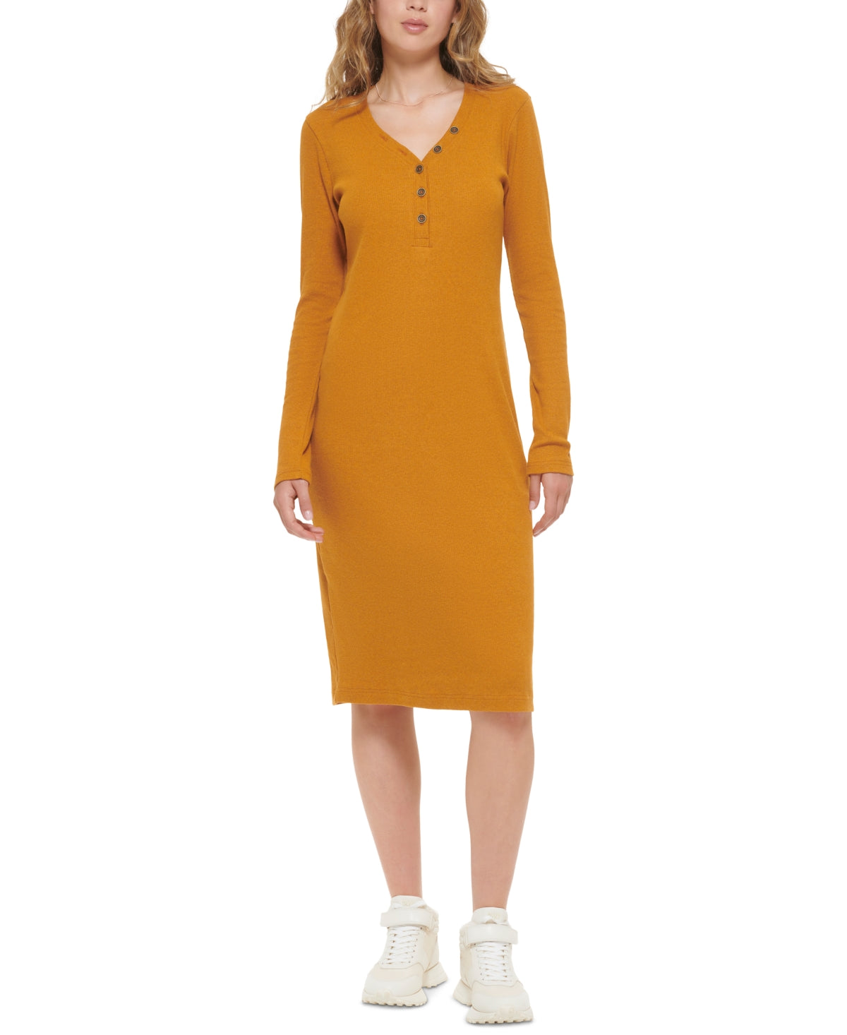 DKNY Women's Henley Neckline Long Sleeve Ribbed Dress Brown Size X-Large