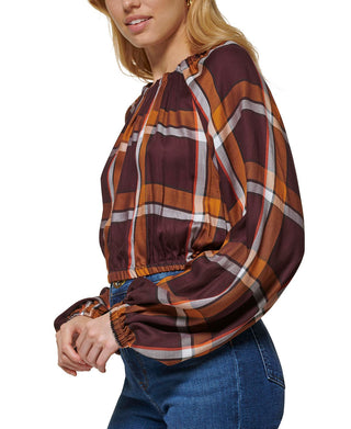 DKNY Women's Plaid-Print Long-Sleeve Peasant Top Brown Size Large