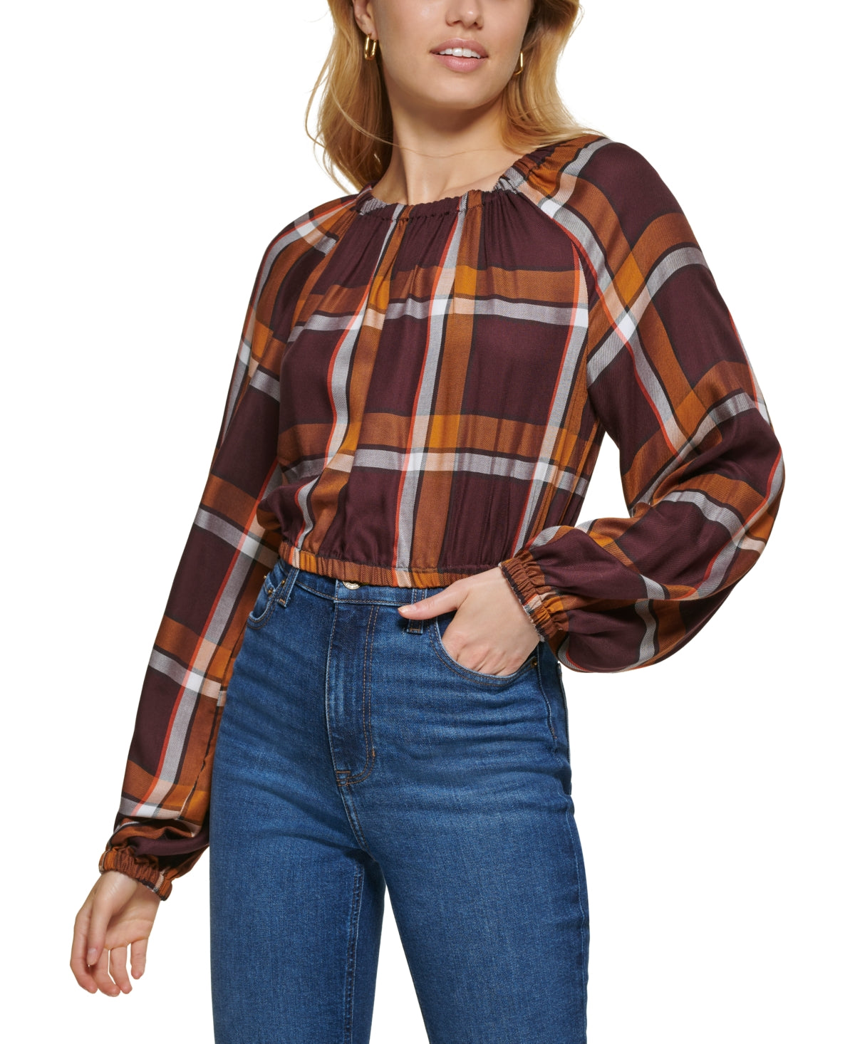 DKNY Women's Plaid Print Long Sleeve Peasant Top Brown Size X-Small