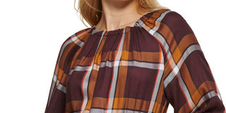 DKNY Women's Plaid Print Long Sleeve Peasant Top Brown Size X-Small
