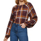 DKNY Women's Plaid Print Long Sleeve Peasant Top Brown Size XX-Small