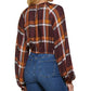 DKNY Women's Plaid Print Long Sleeve Peasant Top Brown Size XX-Small