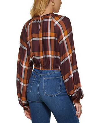 DKNY Women's Plaid Print Long Sleeve Peasant Top Brown Size XX-Small