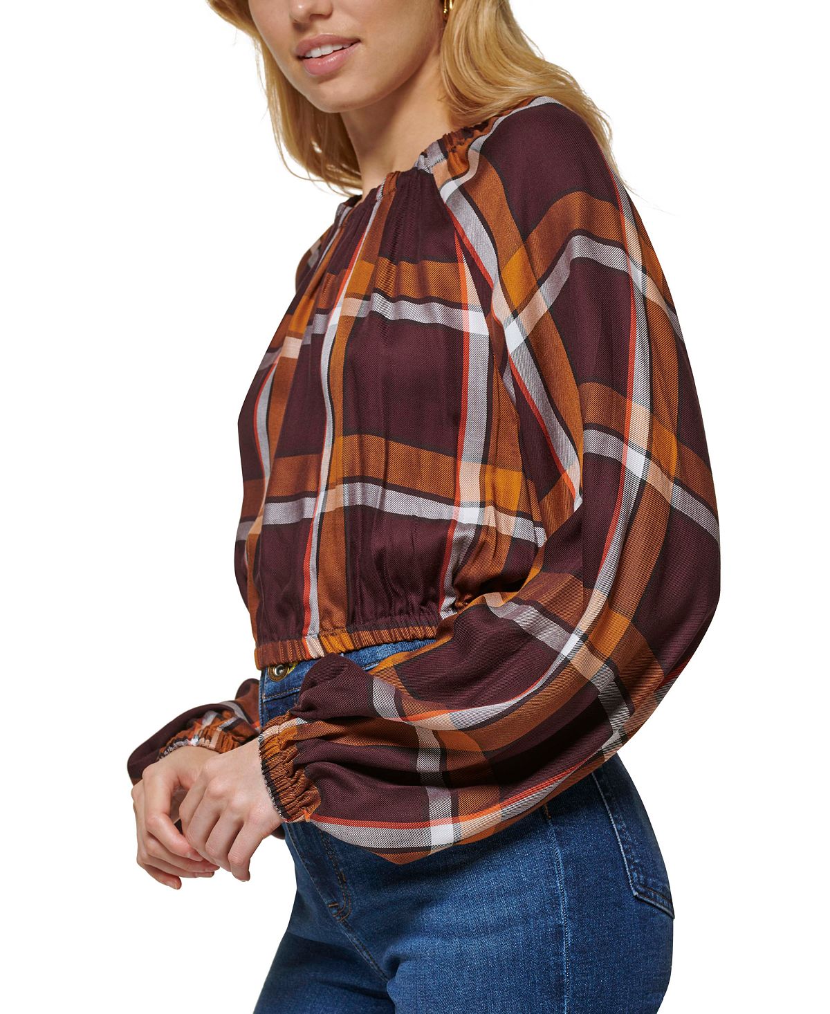DKNY Women's Plaid Print Long Sleeve Peasant Top Brown Size XX-Small