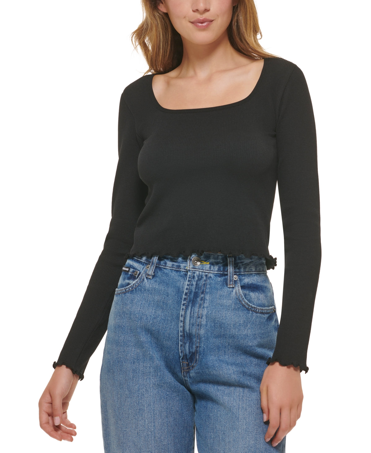 DKNY Womens Square Neck Lettuce Edge Top Black Size Small