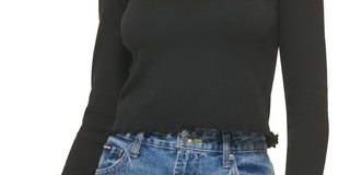 DKNY Women's Square Neck Lettuce Edge Top Black Size Small