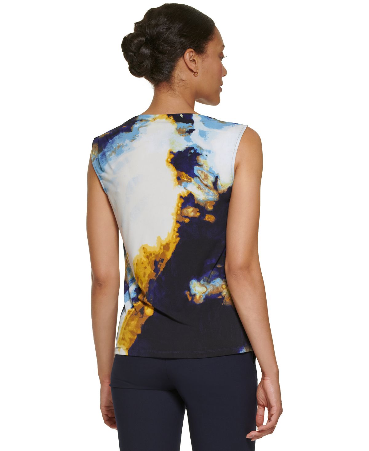 DKNY Women's Printed Zip Shoulder Sleeveless Top Blue Size X-Small