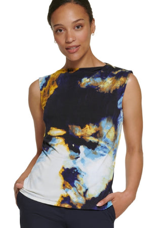 DKNY Women's Printed Zip Shoulder Sleeveless Top Blue Size X-Small