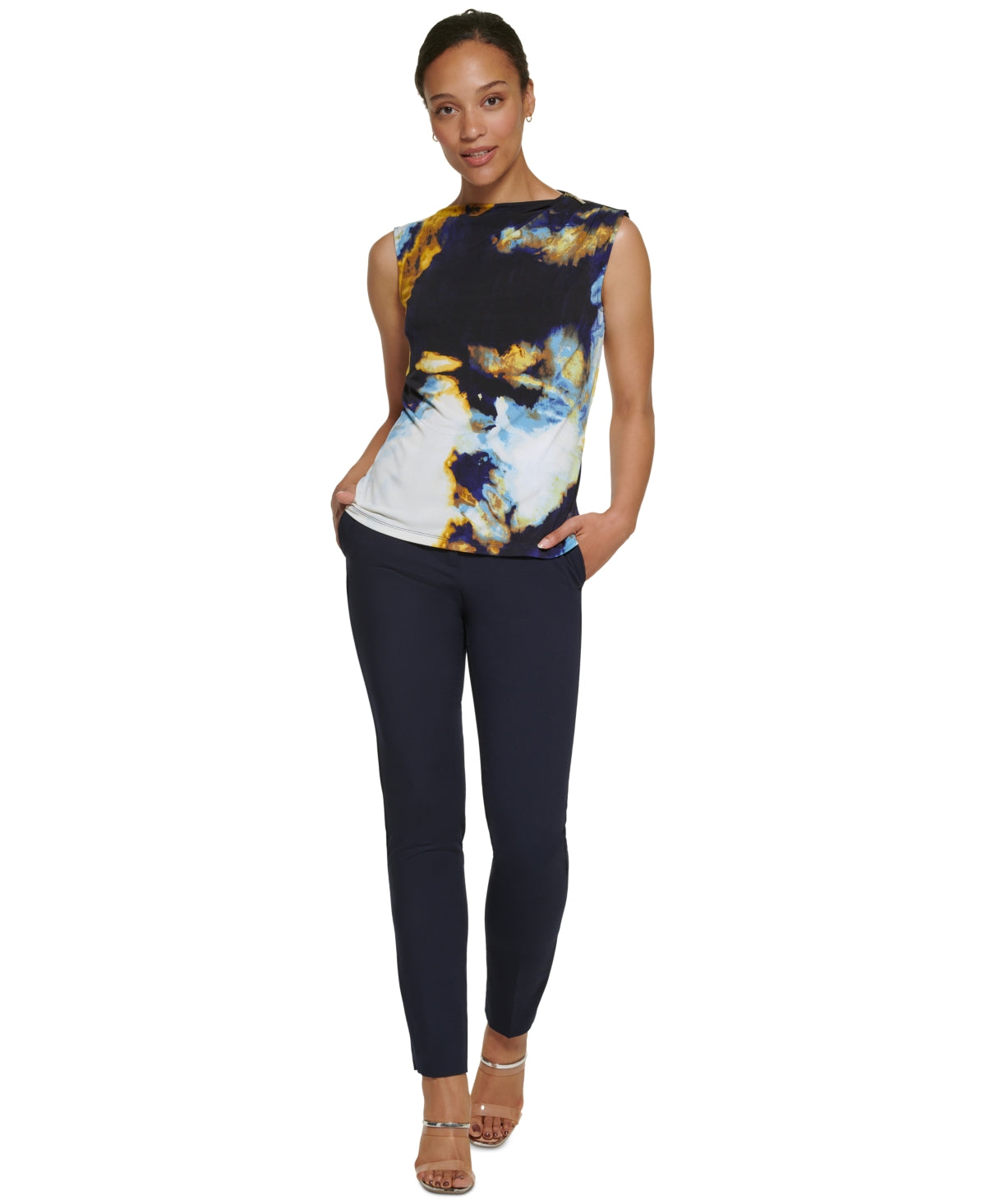 DKNY Women's Printed Zip Shoulder Sleeveless Top Blue Size X-Small