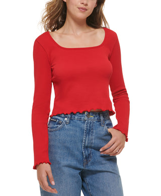 DKNY Women's Square Neck Lettuce Edge Top Red Size Large