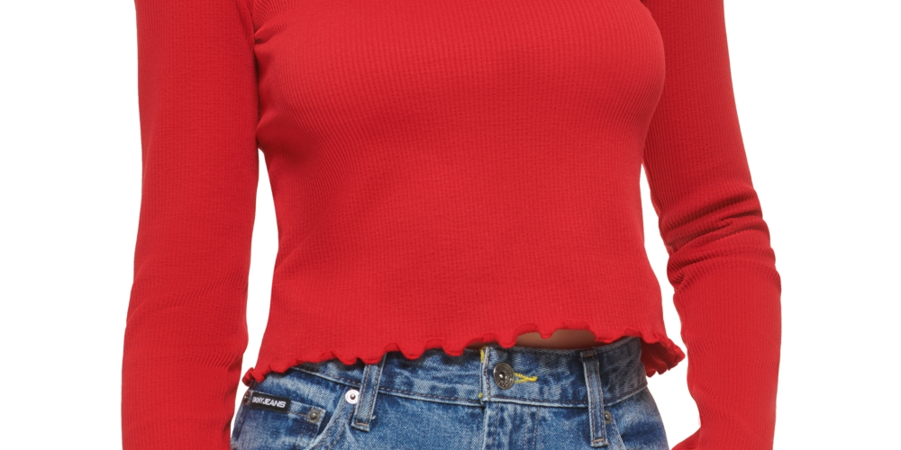 DKNY Women's Square Neck Lettuce Edge Top Red Size Large