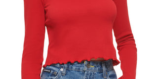 DKNY Women's Square-Neck Lettuce-Edge Top Red Size Medium