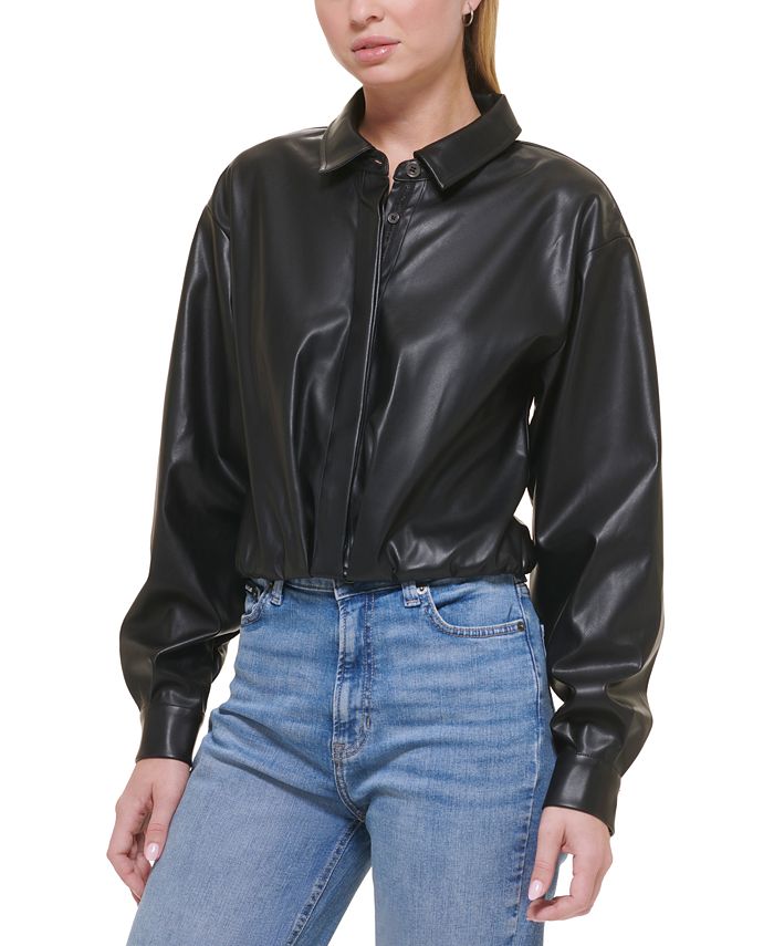 DKNY Women's Ls Pu Hidden Button Front Cropped -Shirt Black Size X-Small