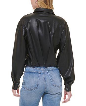 DKNY Women's Ls Pu Hidden Button Front Cropped -Shirt Black Size X-Small
