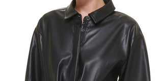 DKNY Women's Ls Pu Hidden Button Front Cropped -Shirt Black Size X-Small