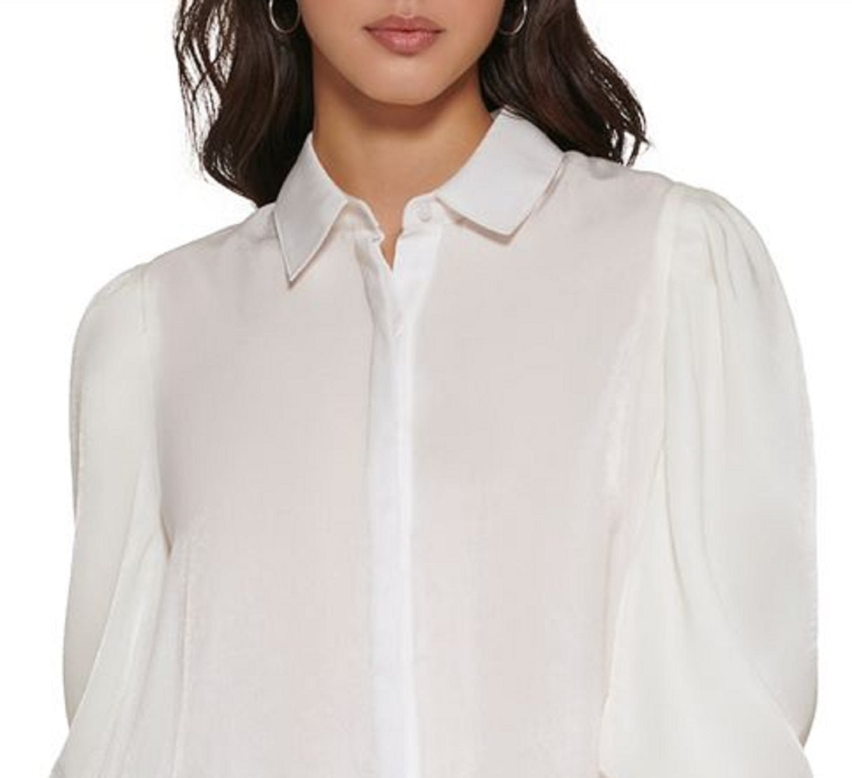 DKNY Women's Puff Sleeve Crop Satin Blouse White Size Large