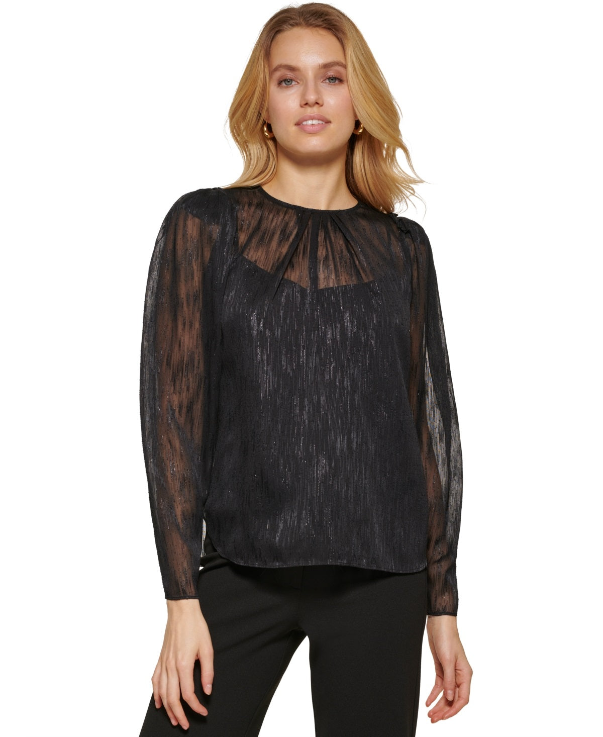 DKNY Women's Metallic Long Sleeve Blouse Black Size Medium