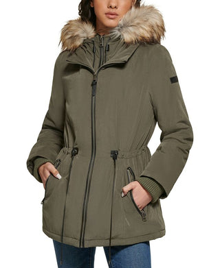 DKNY Women's Faux Fur Trim Hooded Green Size X-Small