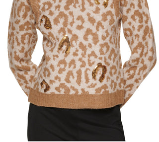 DKNY Women's Sequin Leopard Crewneck Sweater Brown Size Small