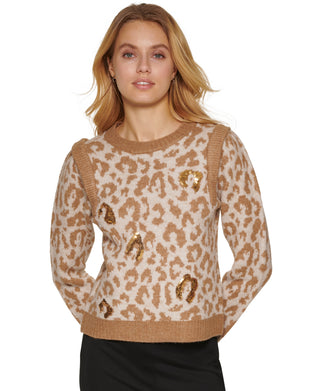 DKNY Women's Sequin Leopard Crewneck Sweater Brown Size Small