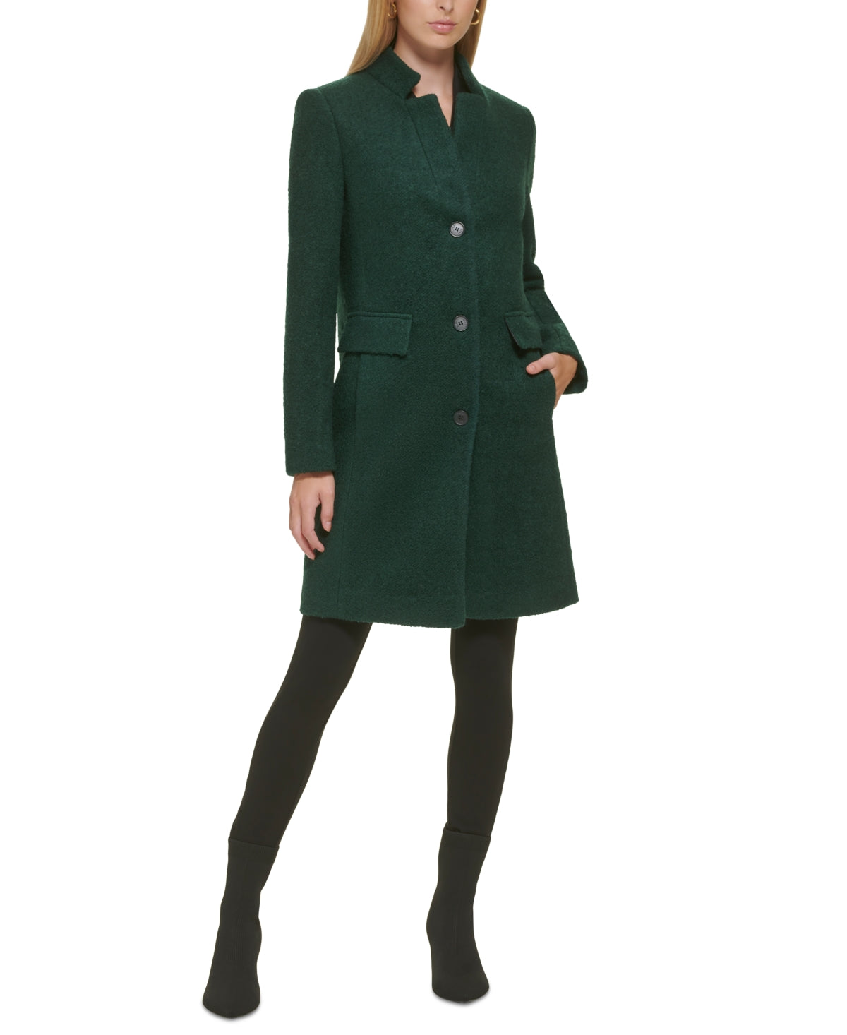 DKNY Women's Single Breasted Boucle Walker Coat Green Size Large