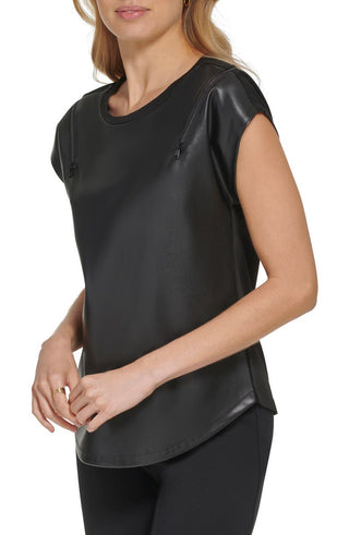 DKNY Women's Zip Shoulder Mixed Media Top Black Size X-Small