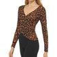 DKNY Women's Printed V Neck Faux Wrap Long Sleeve Top Brown Size Large