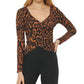 DKNY Women's Printed V Neck Faux Wrap Long Sleeve Top Brown Size Medium