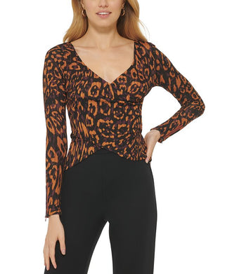 DKNY Women's Printed V Neck Faux Wrap Long Sleeve Top Brown Size Medium