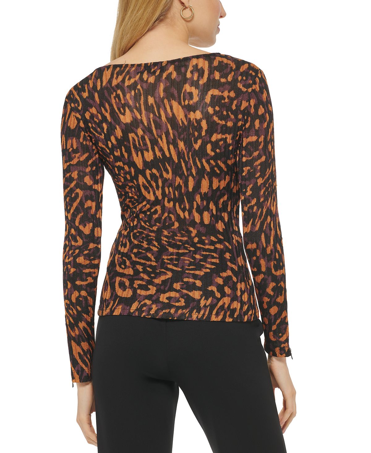 DKNY Women's Printed V Neck Faux Wrap Long Sleeve Top Brown Size Medium