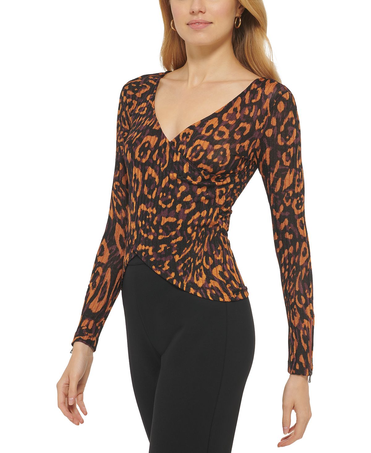 DKNY Women's Printed V Neck Faux Wrap Long Sleeve Top Brown Size Medium