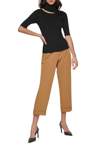 DKNY Women's Cutout Elbow Sleeve Turtleneck Rib Sweater Black Size Medium