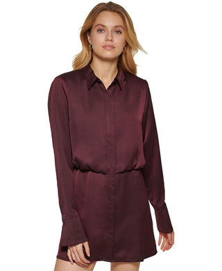 DKNY Women's Long Sleeve Satin Mini Shirtdress Red Size Medium